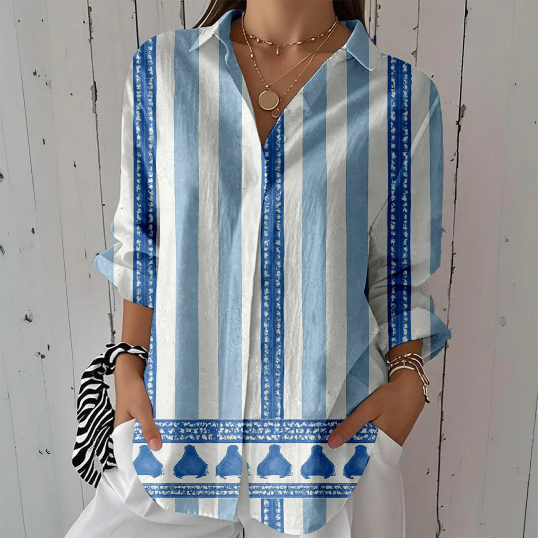 Style & Comfort for Mature Women Women Striped, Blue DZCL0067 3/4 Sleeve Shirt Collar Printed Button Tops