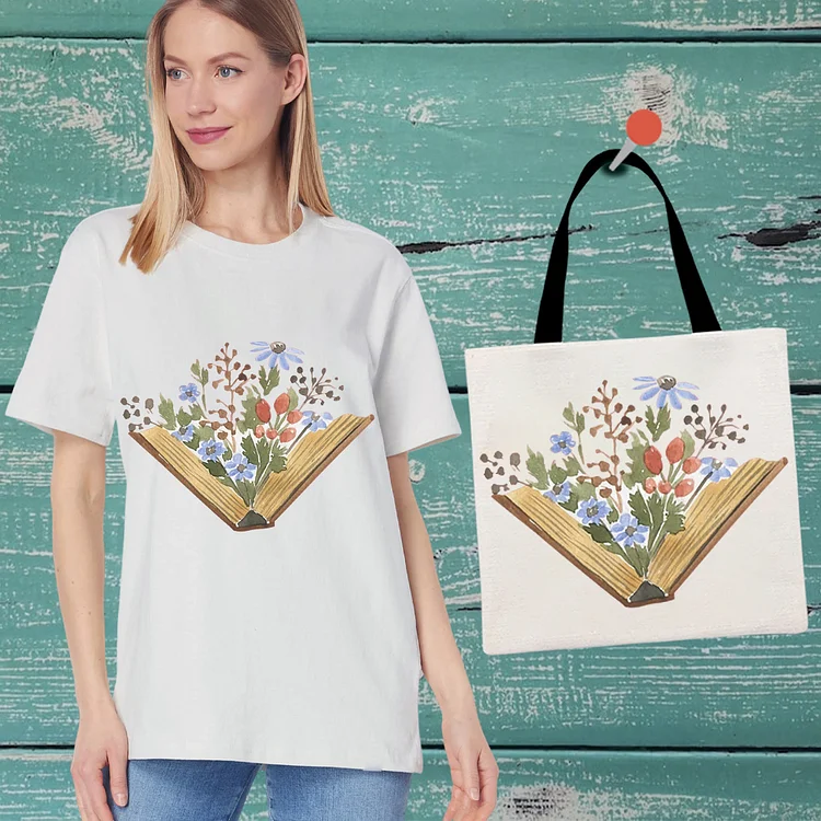 Flower On Book Casual T-Shirt With Handbag -BSTC1662