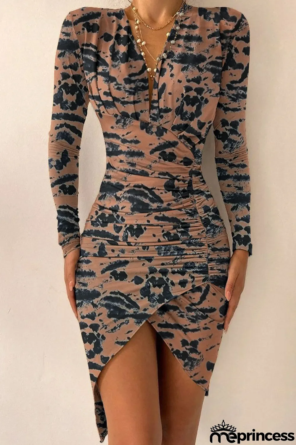 Leopard Print Sexy Print Split Joint Fold Asymmetrical V Neck Irregular Dress Dresses