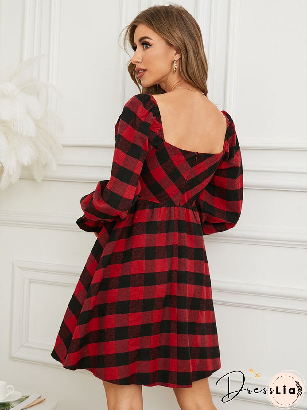 Check Print Square Collar Long Sleeve Dress Women