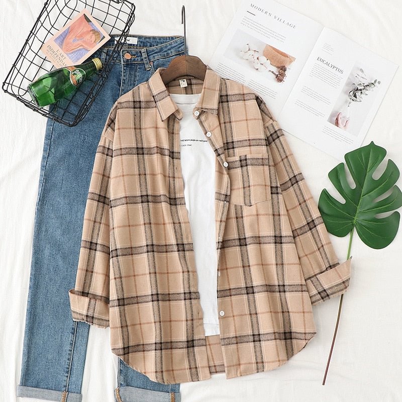 Autumn New Women Vintage Oversize Flannel Plaid Shirt With Pockets Full Sleeve Turn Down Collar Blouse Casual Basic Tops T16304X