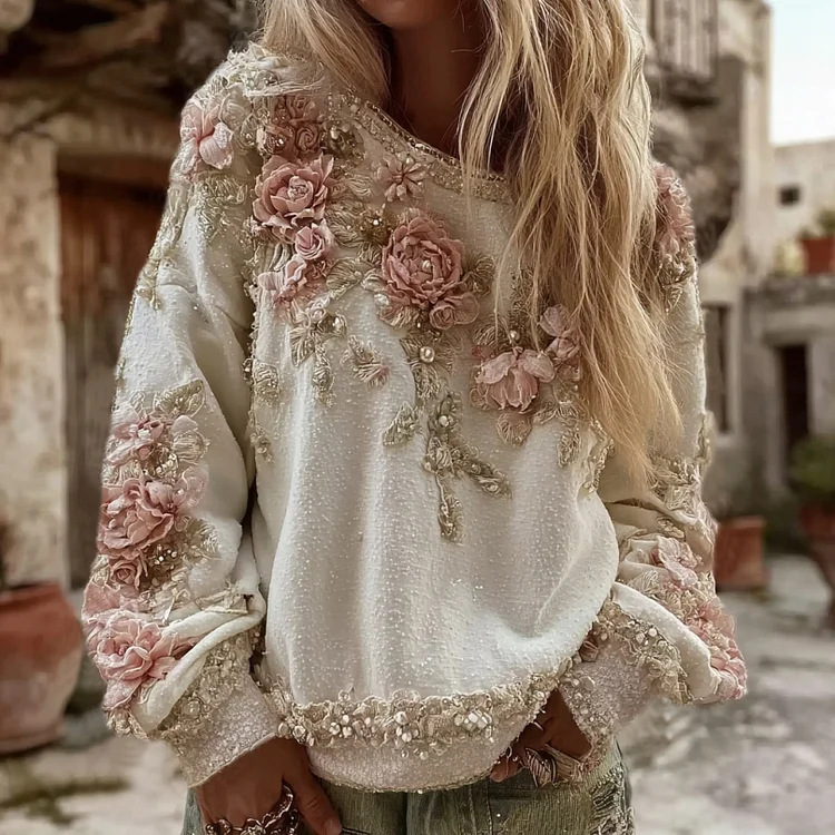 Women's Vintage Pink Rose Embroidery Art Round Neck Casual