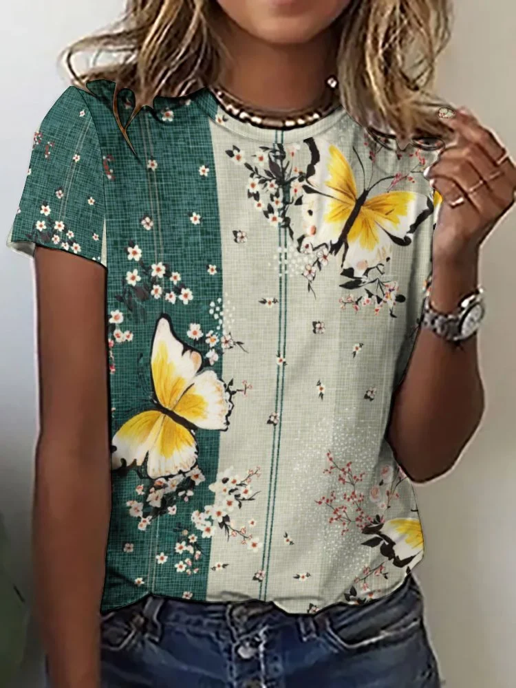Printed Short Sleeve Casual T-shirt for  Women and Men Unisex Pattern Floral,Pink,Green,Stitch
