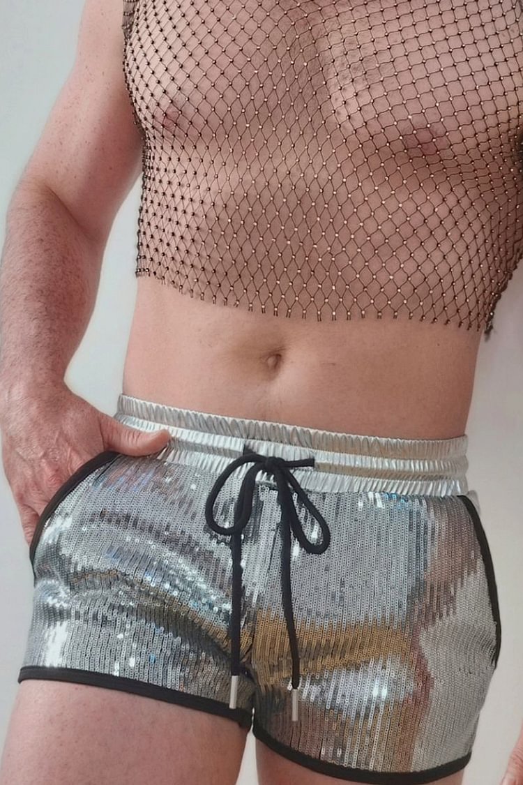 Ciciful Sequin Metallic Elastic Waist Drawstring Silver Shorts
