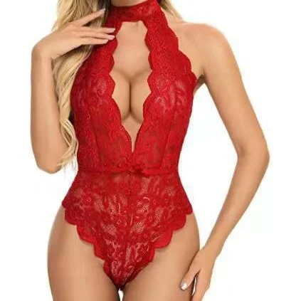 Churchf Women's Hanging Neck Tie With Sexy Bare Back Lace Conent Seduction Lingerie Suit