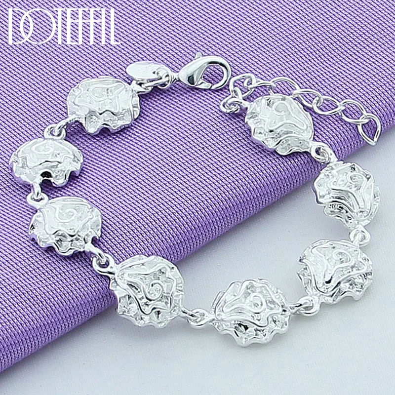 DOTEFFIL 925 Sterling Silver Rose Flower Chain Bracelet For Women Jewelry