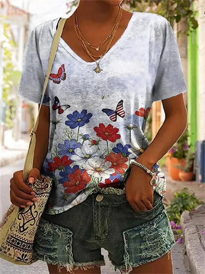 Short-sleeved trend versatile fashion new loose tops summer thin V-neck T-shirt-JRSEE