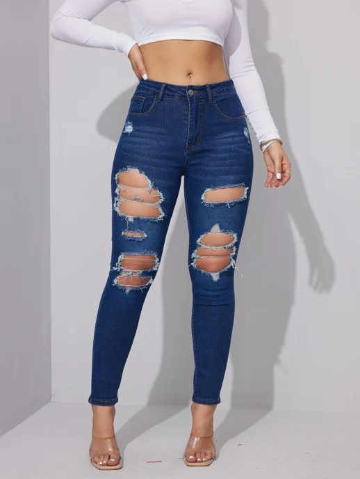 Women's High Elastic and Thin Ripped Denim Jeans