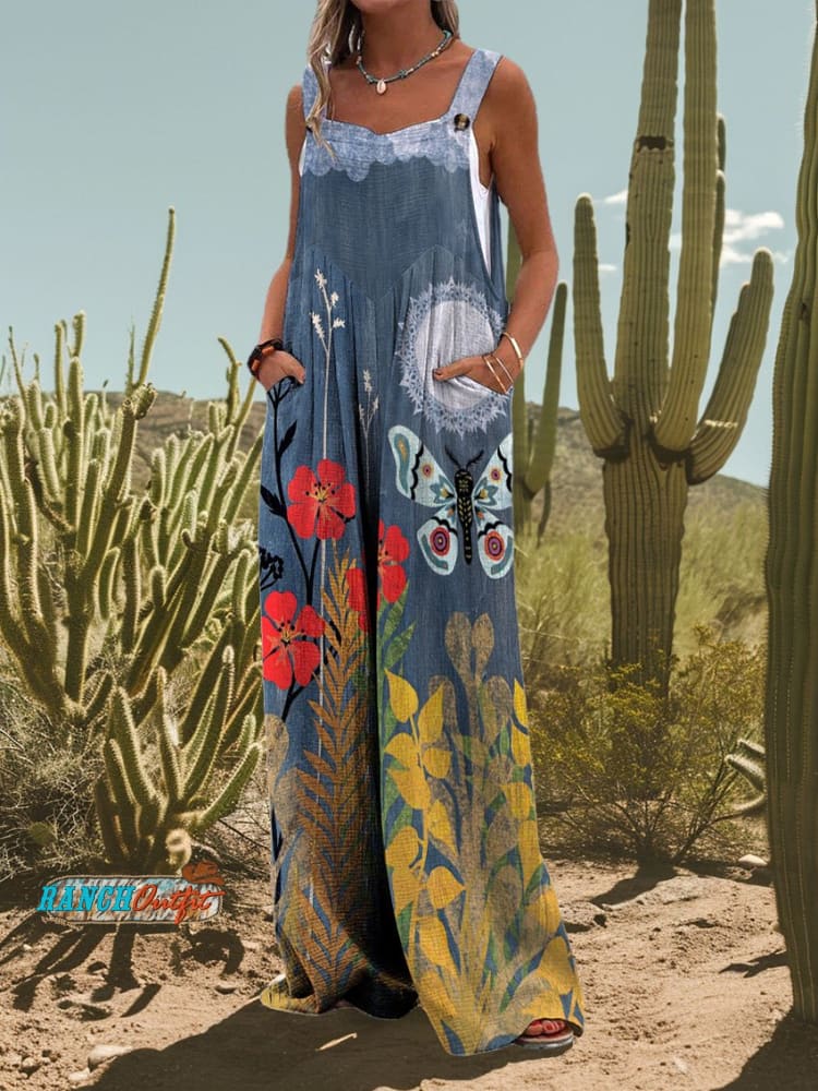 Women’s Vintage Butterfly Flower Print Casual Strap Wide Leg Pants Multicolor / S