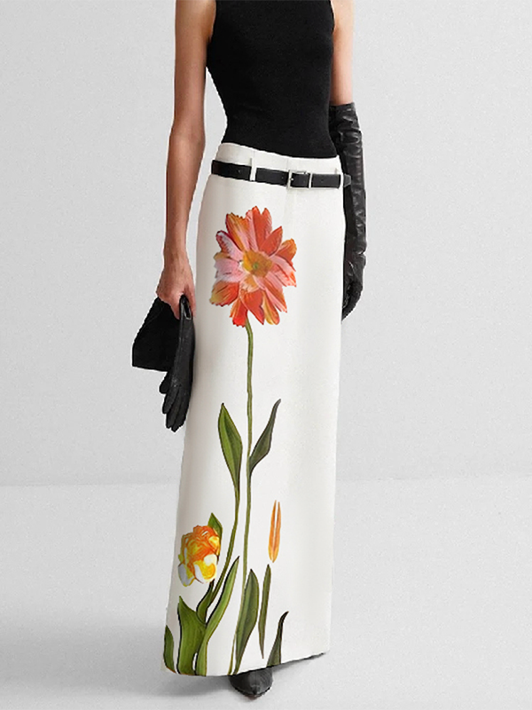 Flower Print H-line Skirts Bottoms