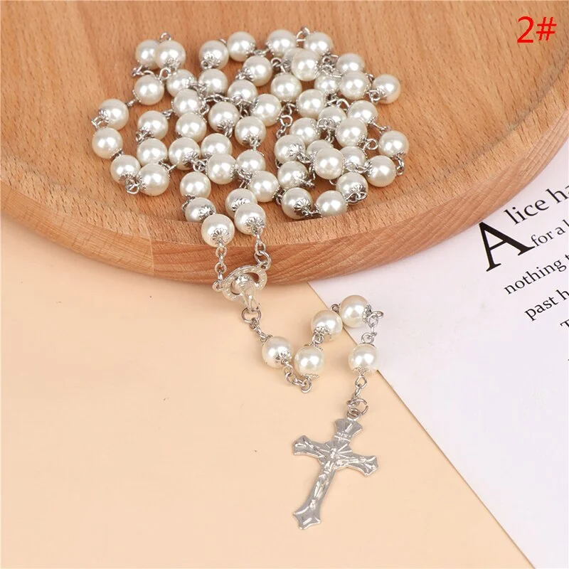 Catholic Pearl Long Chain Cross Necklace Rosary Cross Jesus Religious Jewelry