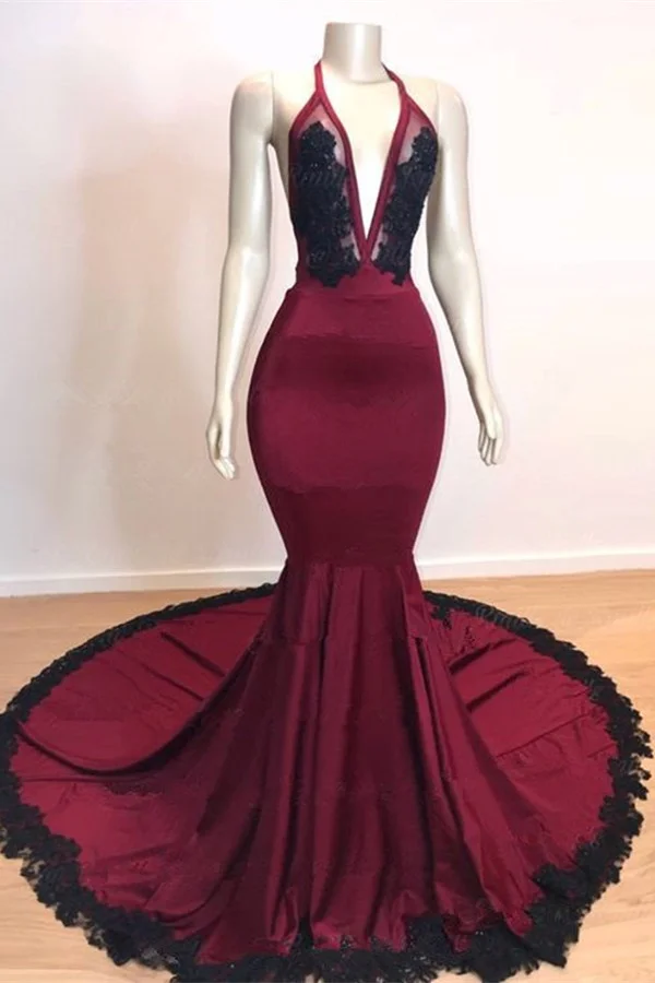 Burgundy Black V-Neck Halter Mermaid Evening Dress With Applique PD0636