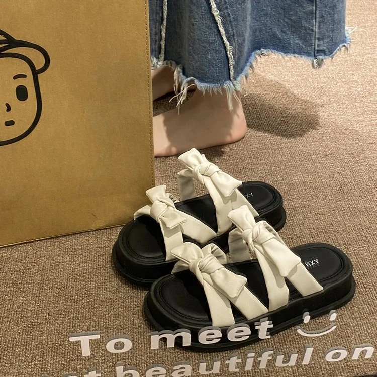 Wongn Wongn Summer New Fashion Korean Version Bow Knot Sweet And Lovely Thick Bottom Outside Wear Cool Slippers Women's Shoes Hot Style