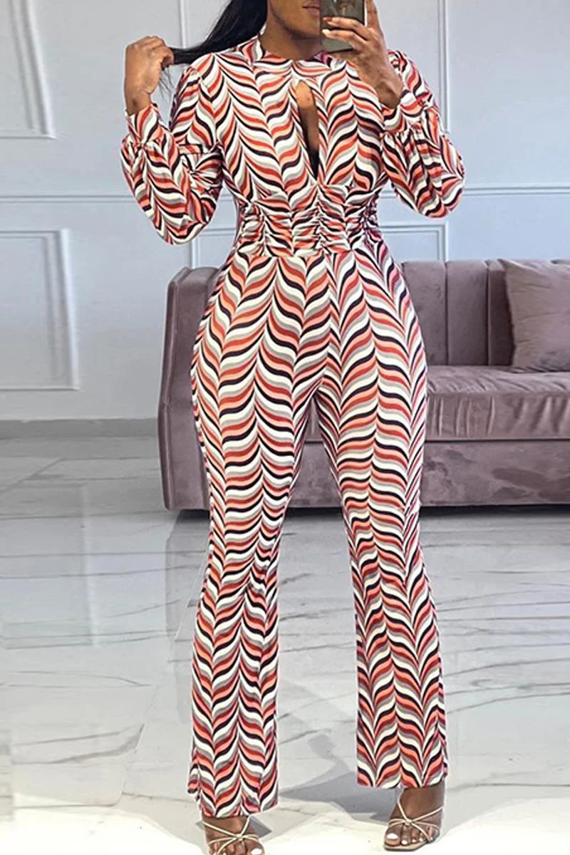 Fashion Casual Print Hollowed Out O Neck Regular Jumpsuits