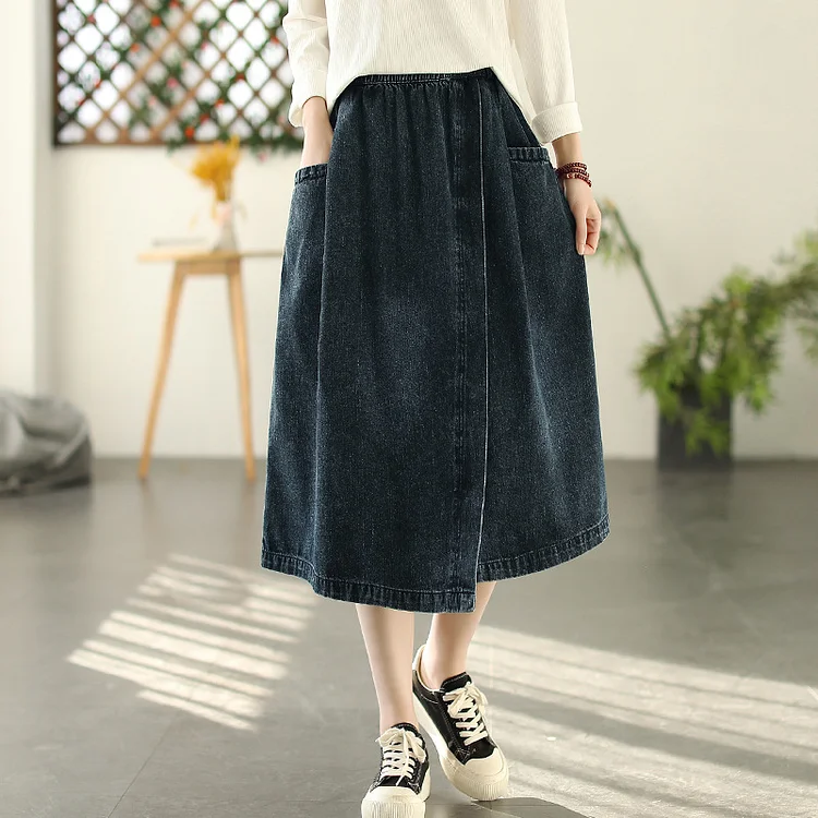Vintage Solid Color Denim High Waist Skirt - yankia