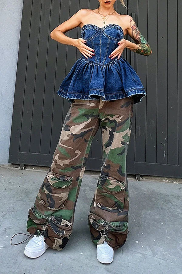 Camouflage Casual Pocket Design Ruched Bell Bottoms Pants