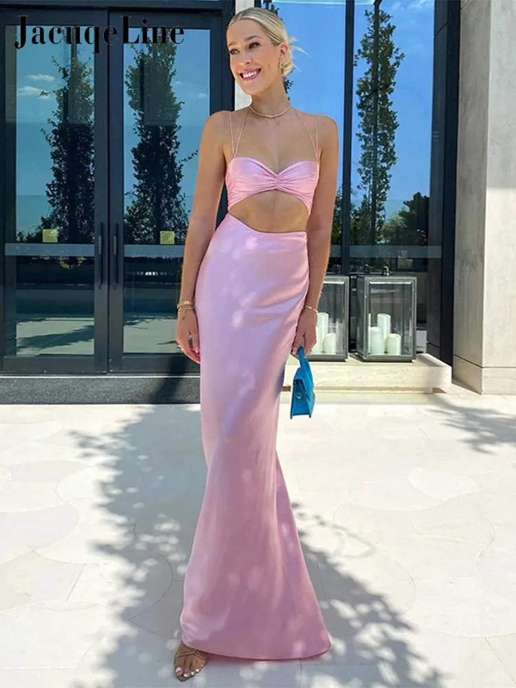 Jacqueline 2022 Beach Satin Long Skirt Sets Summer Women's suit Ruched Halter Crop Top 2 Piece Sexy Bodycon Dress Set Party robe