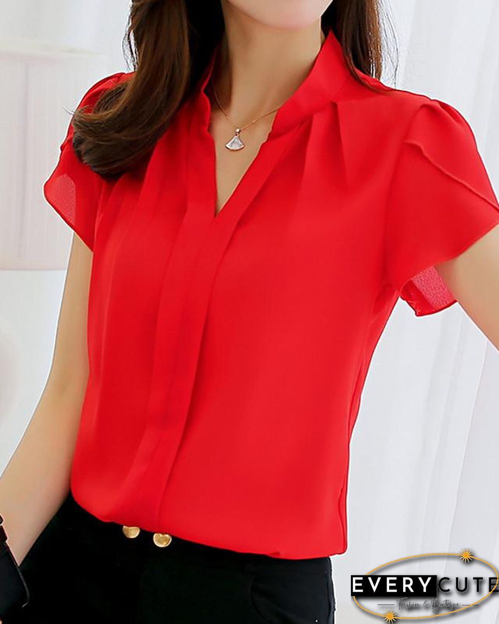 Women's Blouse Shirt Solid Colored V Neck Standing Collar Tops Basic Top White Blue Red-0204810