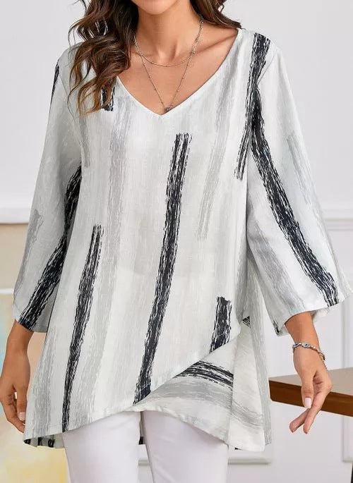New Nine-Sleeve V-neck Striped Print Irregular Hem Top