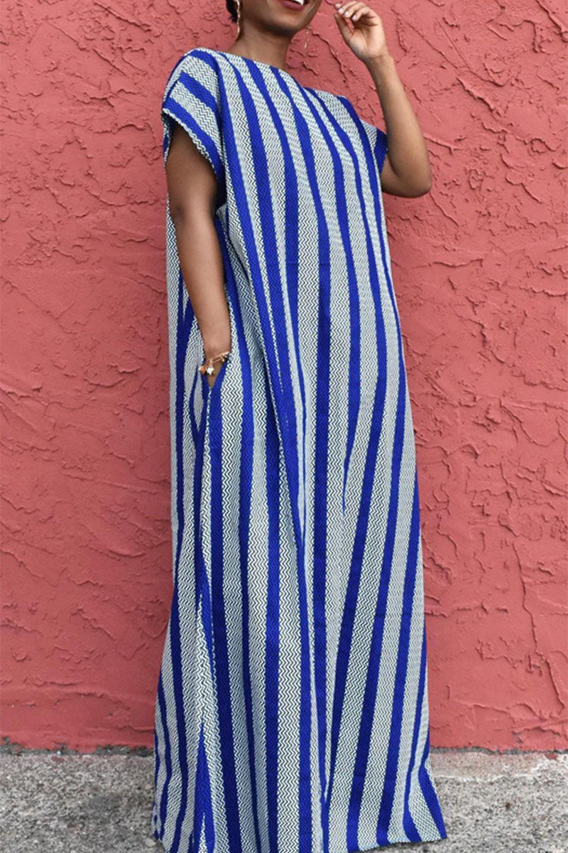 Casual Striped Print Patchwork Backless O Neck Straight Dresses