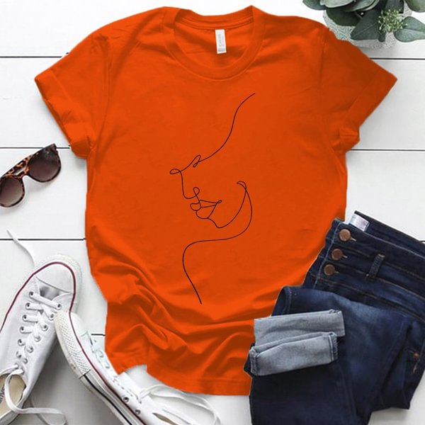 Cute Line Print T-shirts For Women Summer Lovely Short Sleeve Casual Round Neck T-shirts Ladies Creative Personalized Tops - BlackFridayBuys