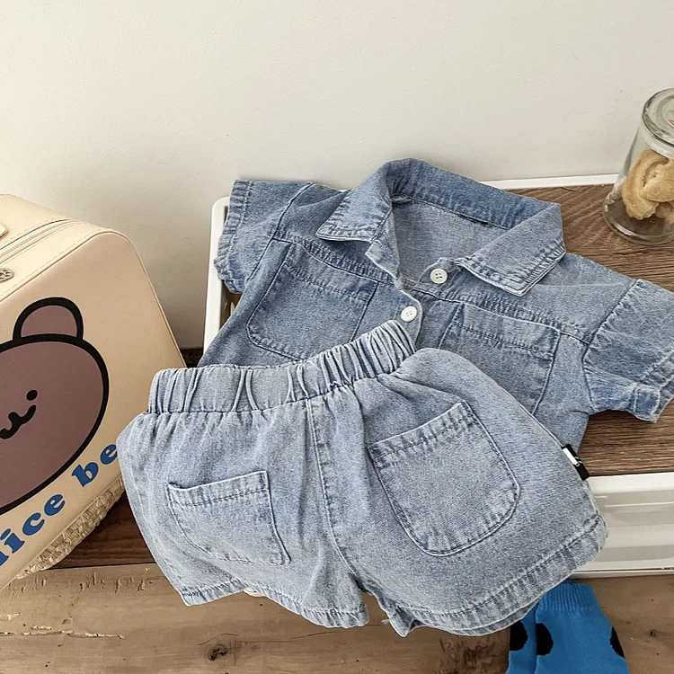 2pcs Baby Boy/Girl Summer Simple Solid Polo Collar T-shirt & Elasticized Shorts Denim Set