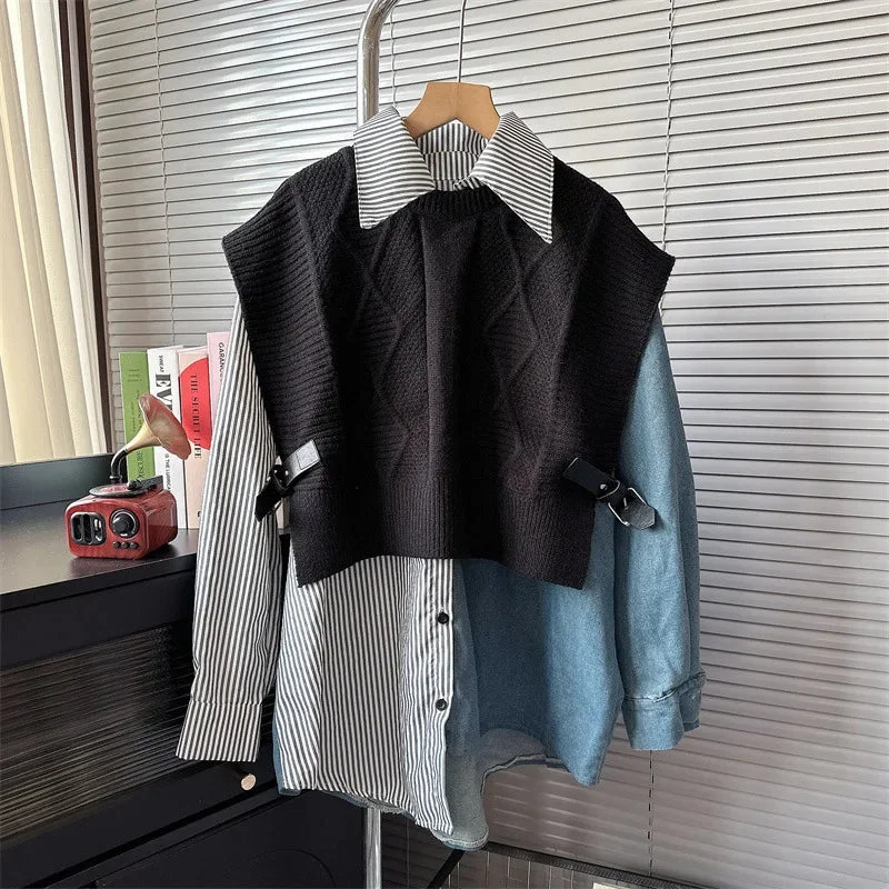 Huibahe Women 2 Pcs Set Pu Buckle Knitted Shawl Vest Cardigan Stripes Asymmetric Spliced Denim Shirt Suits 2024 Summer New Fashion