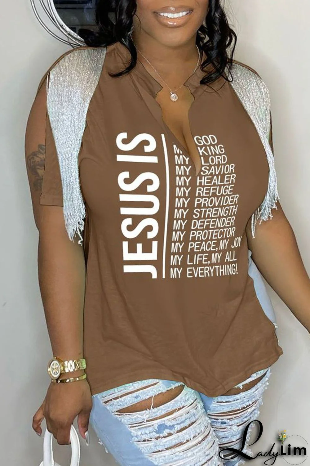 Black Casual Letter Print Tassel Patchwork V Neck T-Shirts