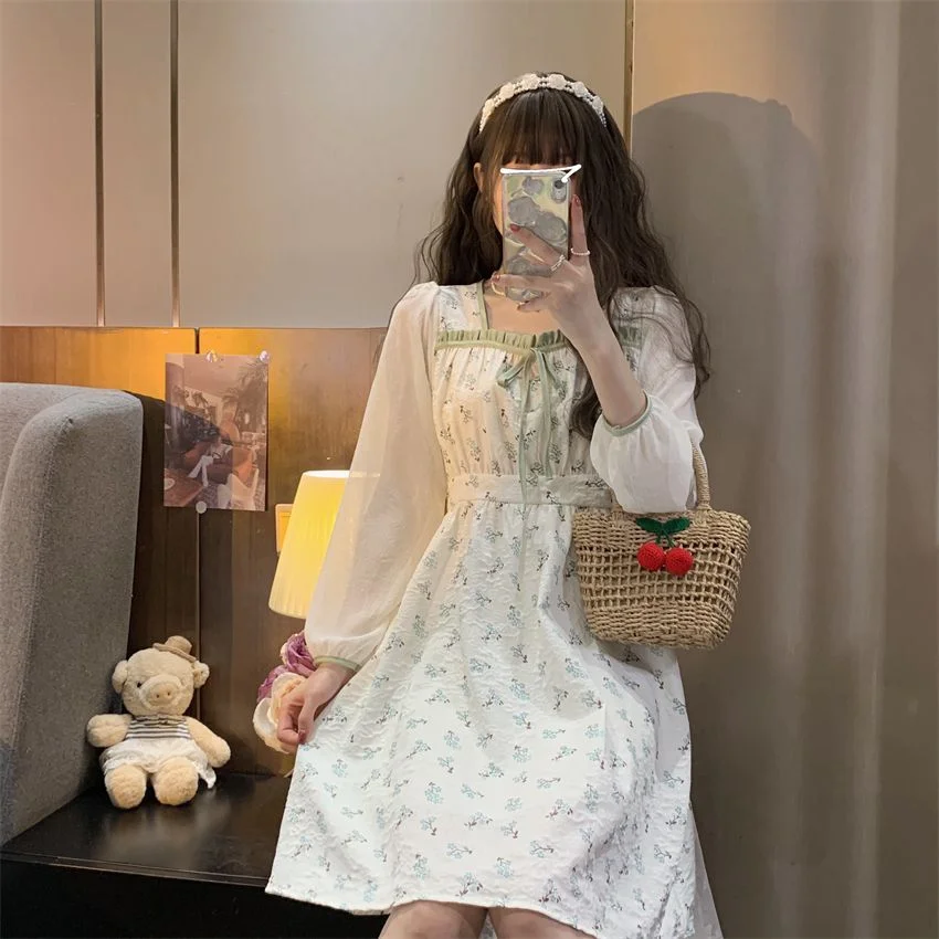 Long-Sleeve Floral Frill Trim A-Line Dress YP2739