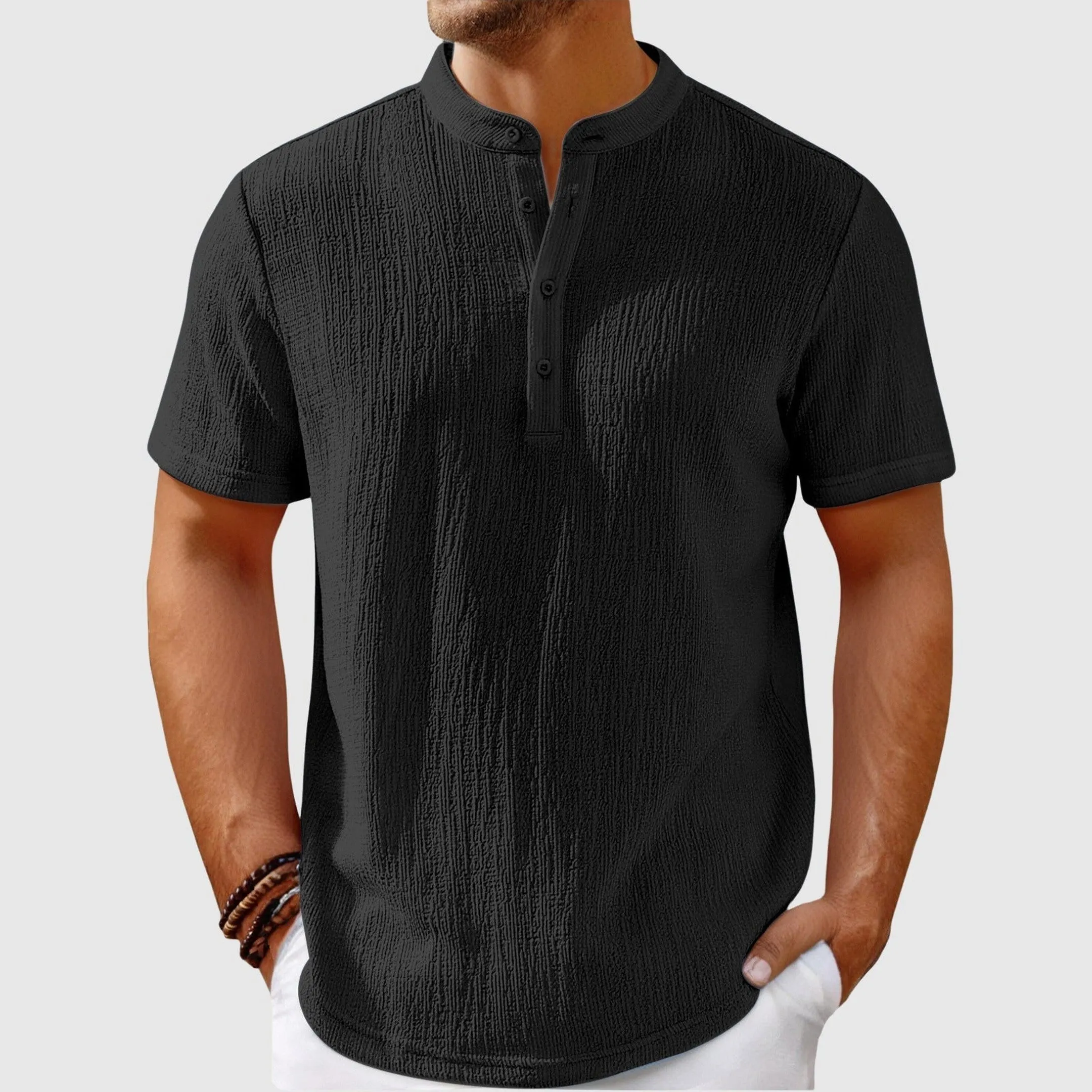 Men's Linen Blend Shirt &ndash; Relaxed Mandarin Collar Summer Style