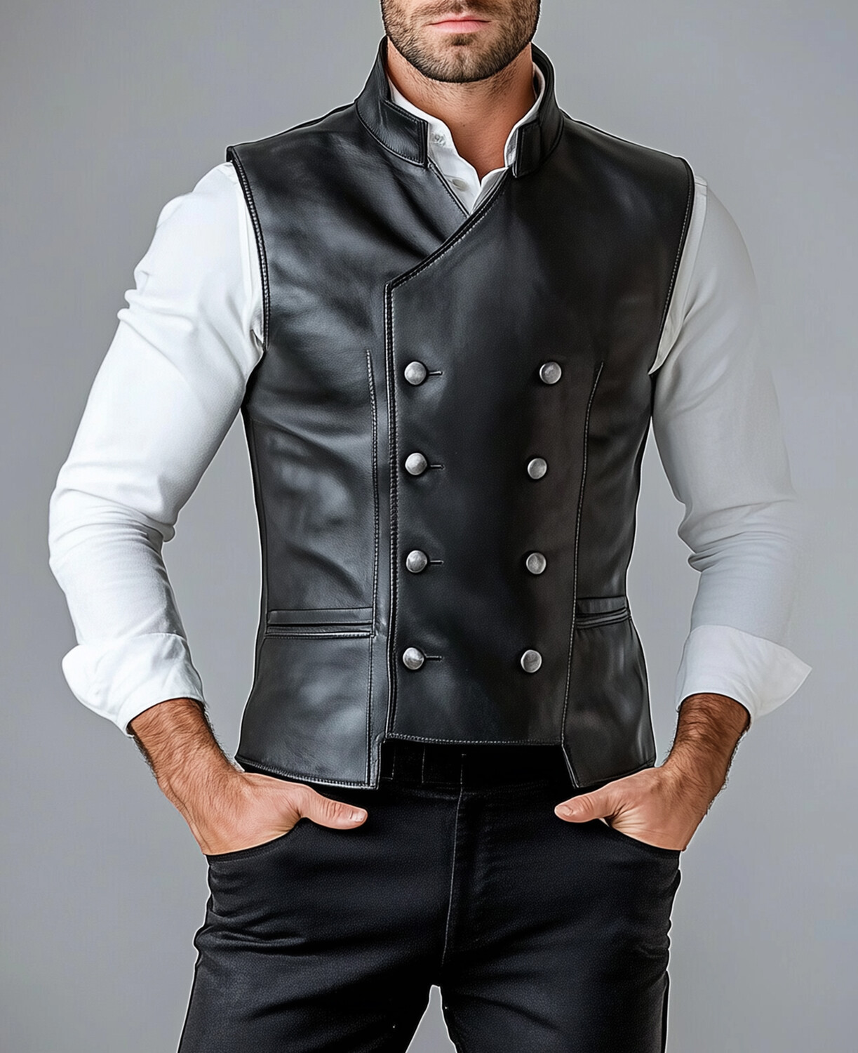 Okaywear Stand Collar Double Breasted PU Leather Vest