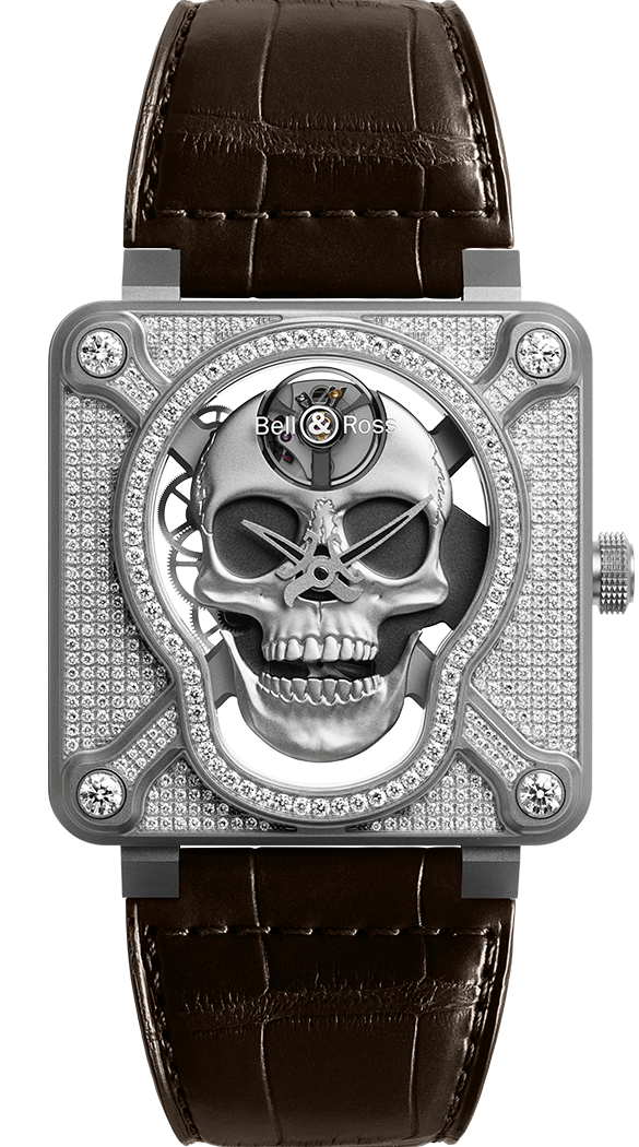 Bell & Ross Instruments BR 01 Laughing Skull Full Stainless Steel & Diamond Mens Watch