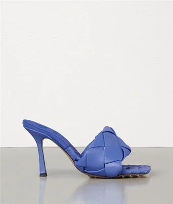 2020 Fashion Square Toe Weave High Heels Shoes Women Slippers Leather Luxury Designer Ladies Street Beach Sandals Slides Shoes