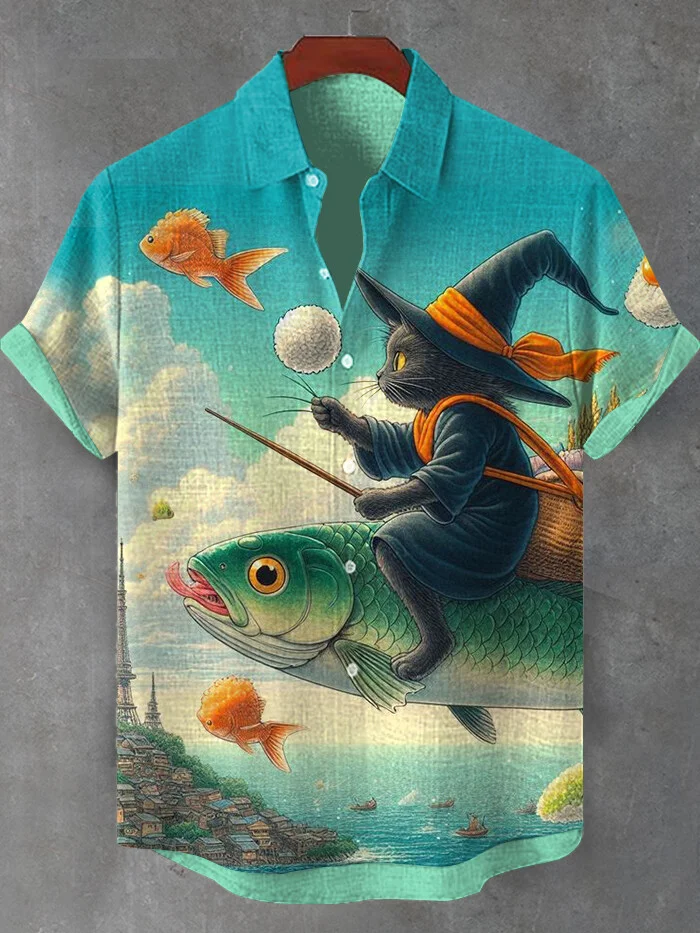 Men's Witch Black Cat Riding Fish Print Shirt