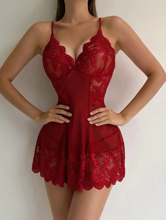 Uveng New Sexy Hollow Perspective Print Lace Sling Aja Ajament Lingerie Lingerie Suit