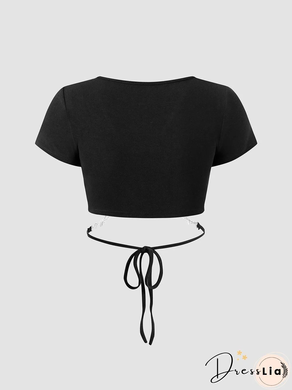 Solid Hollow Tie Short Sleeve V-neck Crop Top