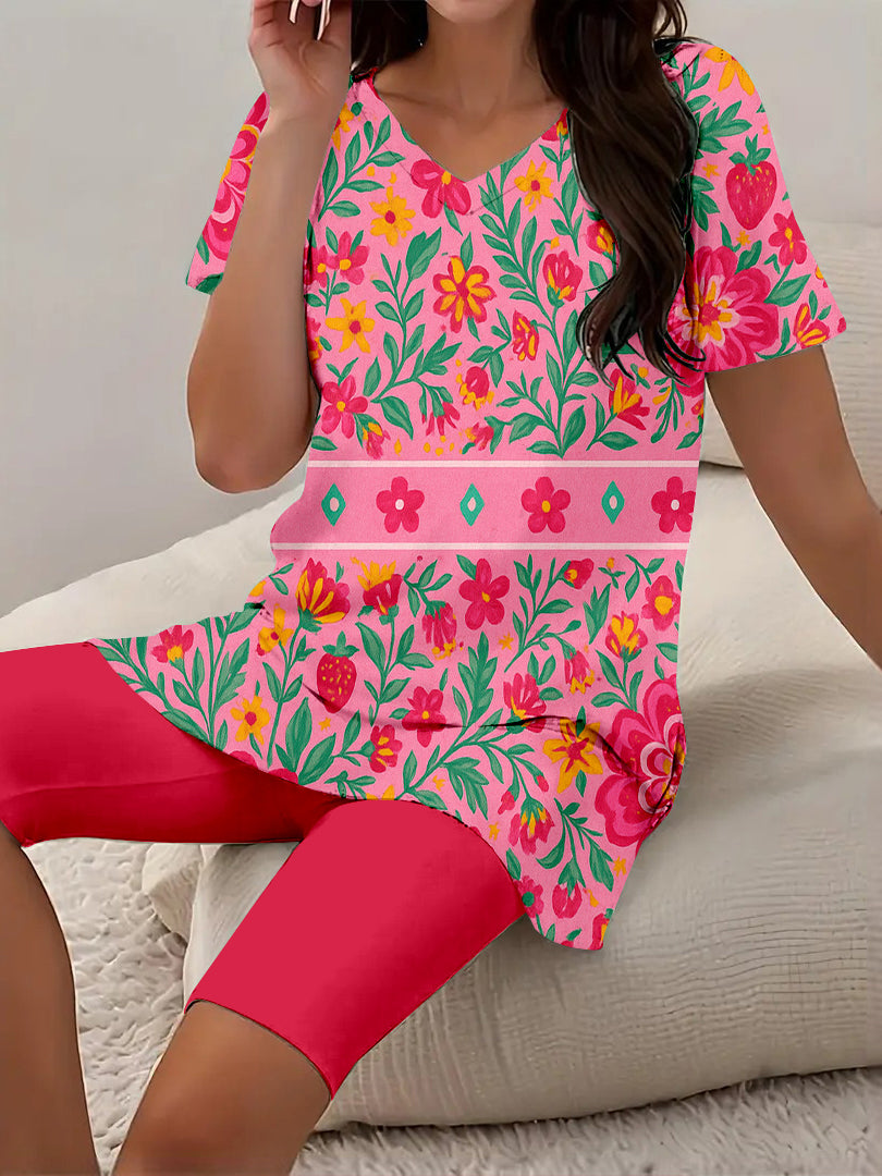 Women Long Sleeve V-neck Graphic Floral Printed Top
