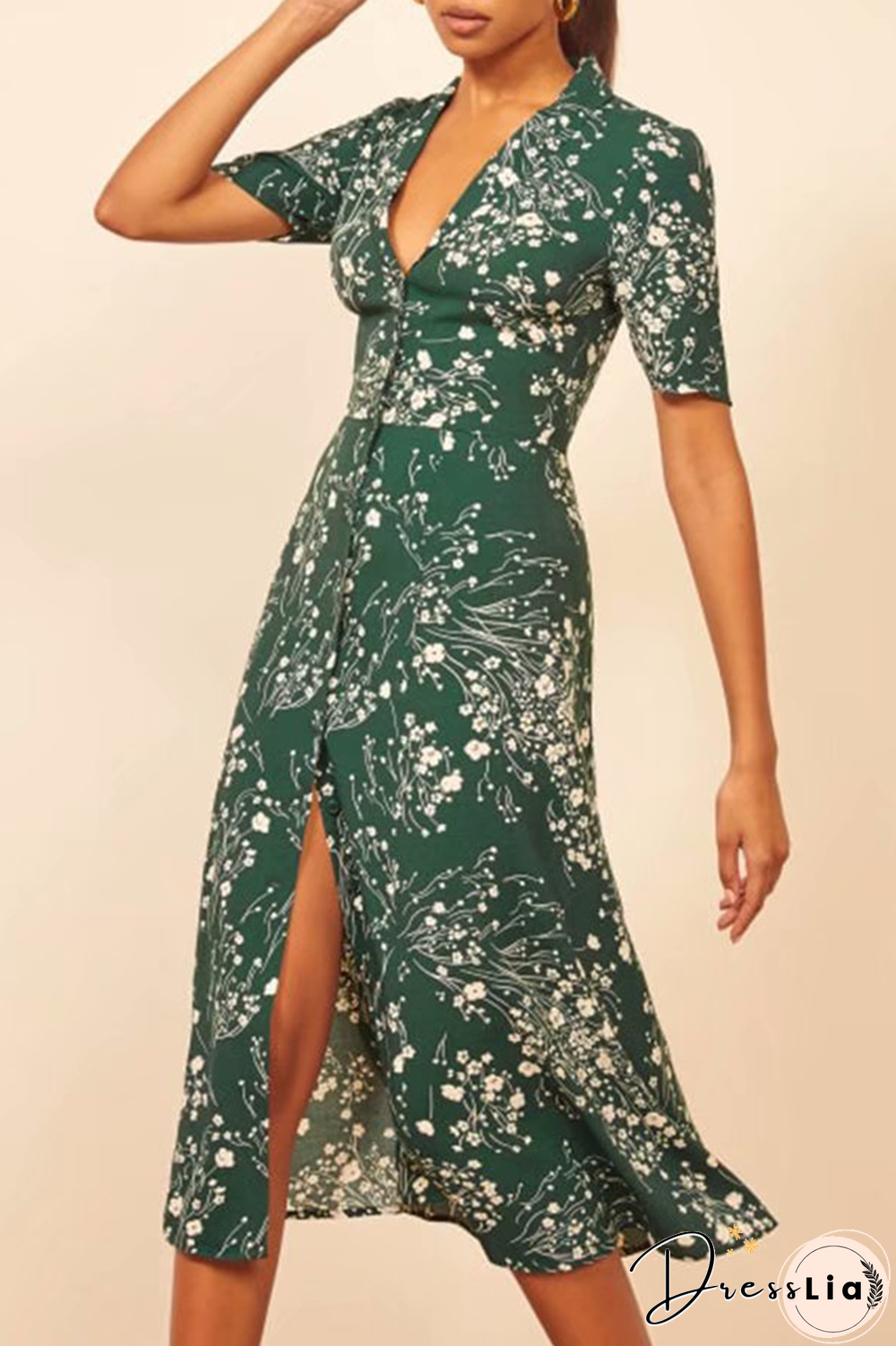 Elegant Floral Buckle High Opening V Neck A Line Dresses