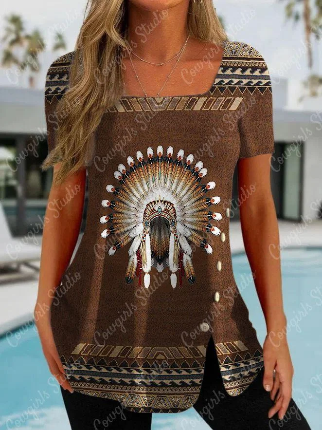 Square Neck Western Style Ladies Casual Geometric Print Top