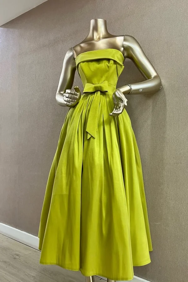 Chic Green Strapless Ankle Length Lace-up Prom Dress With Bow ZT0794