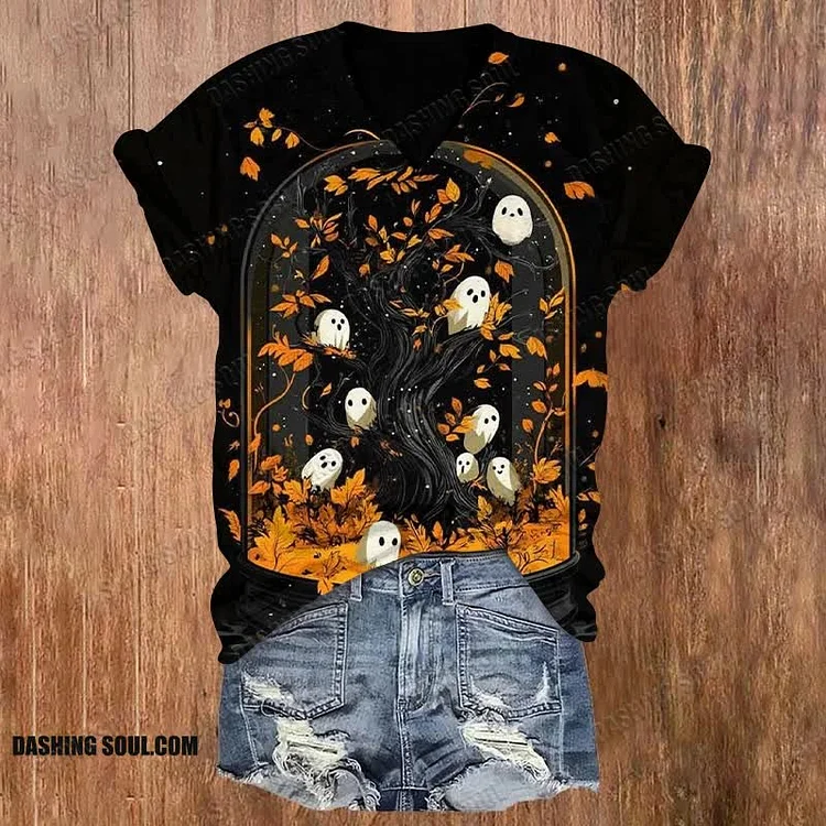 Ghost In The Glass Halloween Print V-neck T-shirt