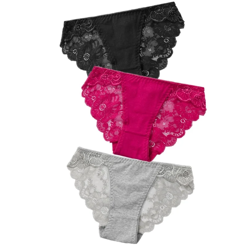 3pcs Exotic Apparel Sexy Panties Lace Briefs Women Low-Rise Solid Panty Underwear Sexy Women Lace Breathable Hip-lift Underpants