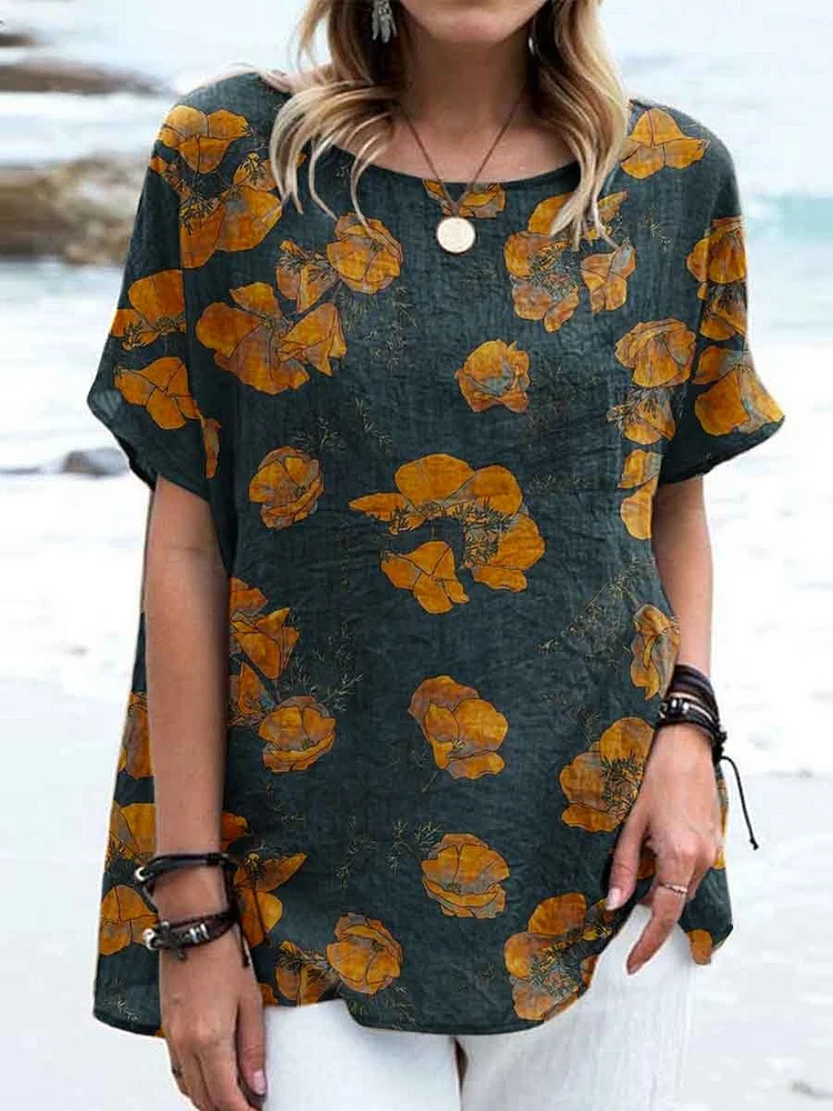 Women's Elegant Floral Round Neck Cotton and Linen Top
