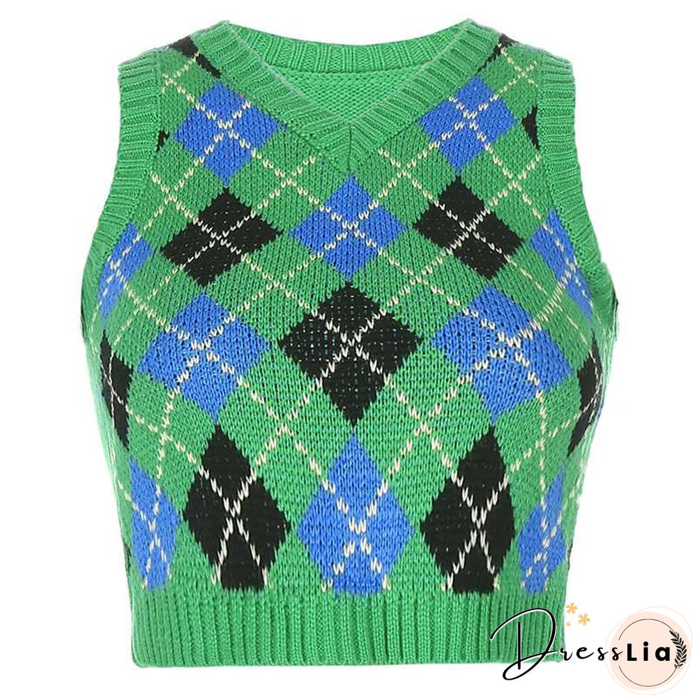 Checkered Cropped Knitted Tank Argyle Sleeveless Jumper