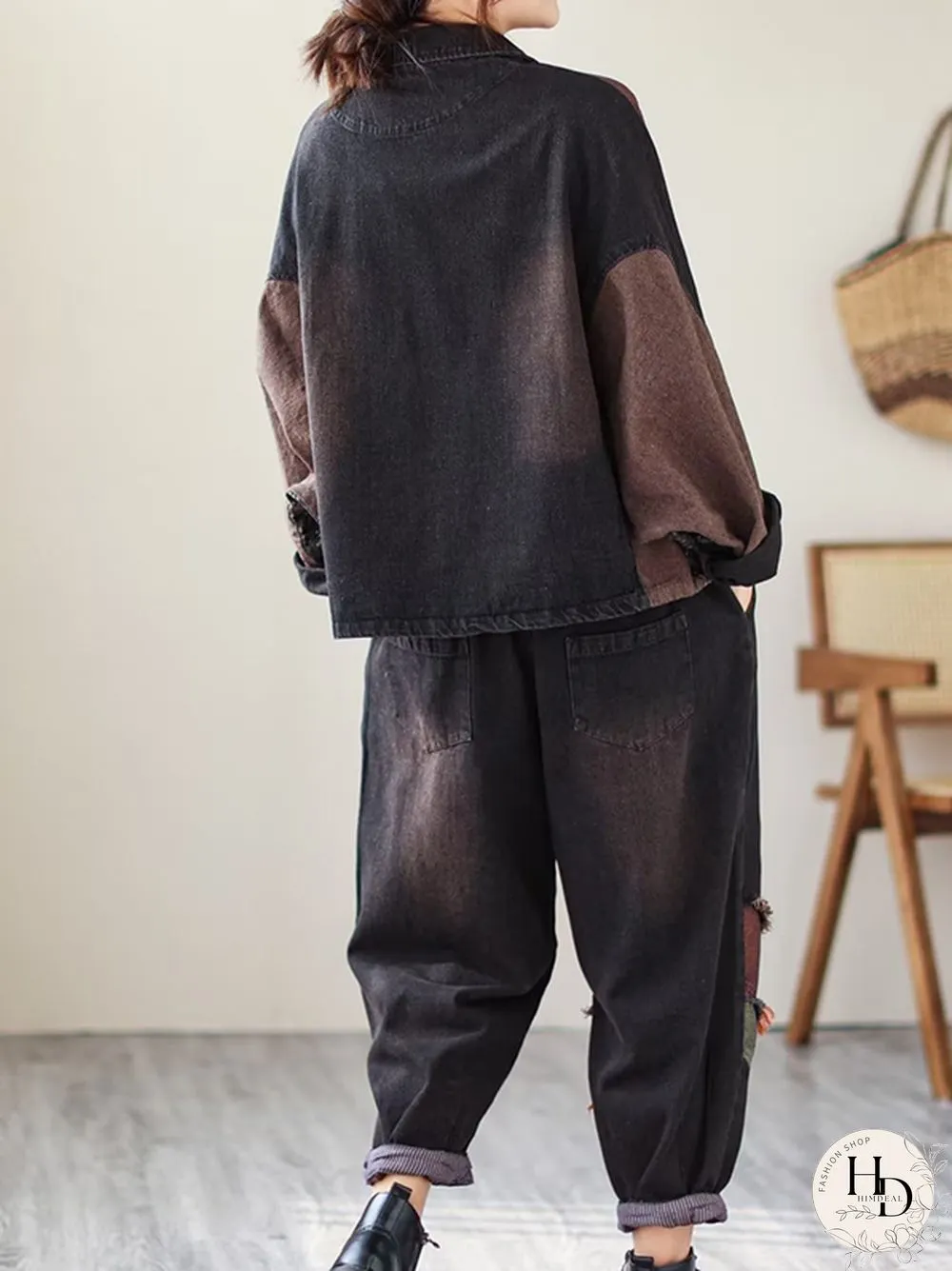 Contrast Color Fringed Split-Joint Long Sleeves Printed Outwear Harem Pants Two Pieces Set