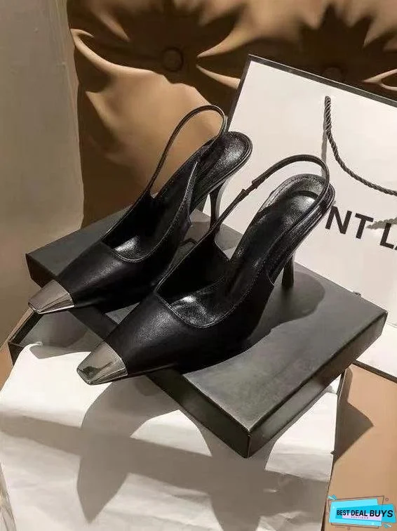 Joskka Square Toe Patent Leather Black Metal Toe Pumps