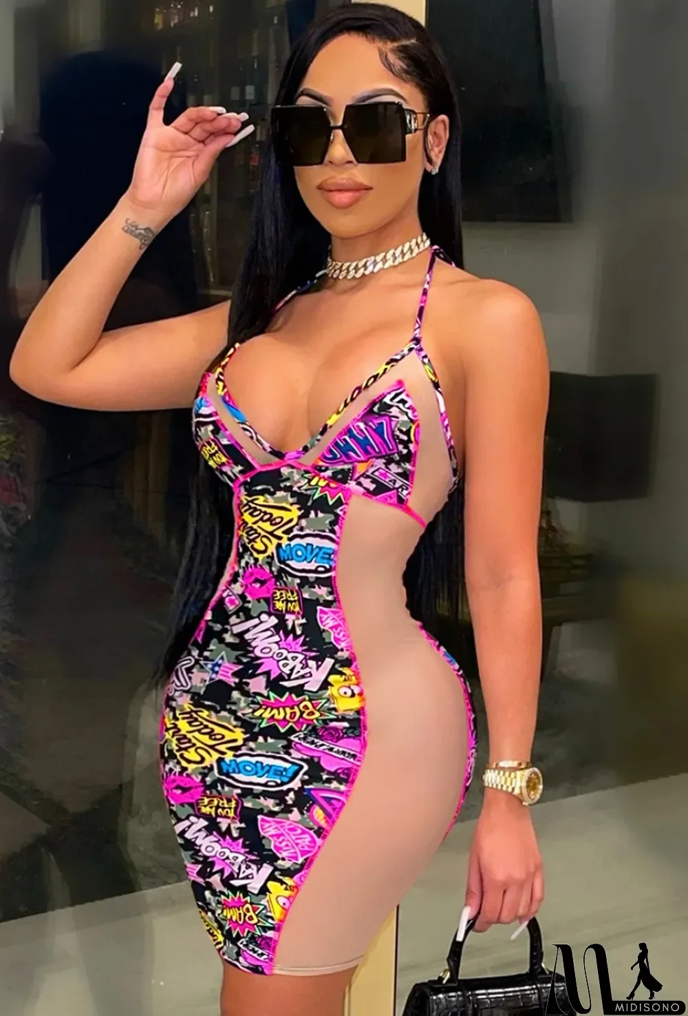 MidiSono - Summer Party Print Patch Sexy Strap Bodycon Dress