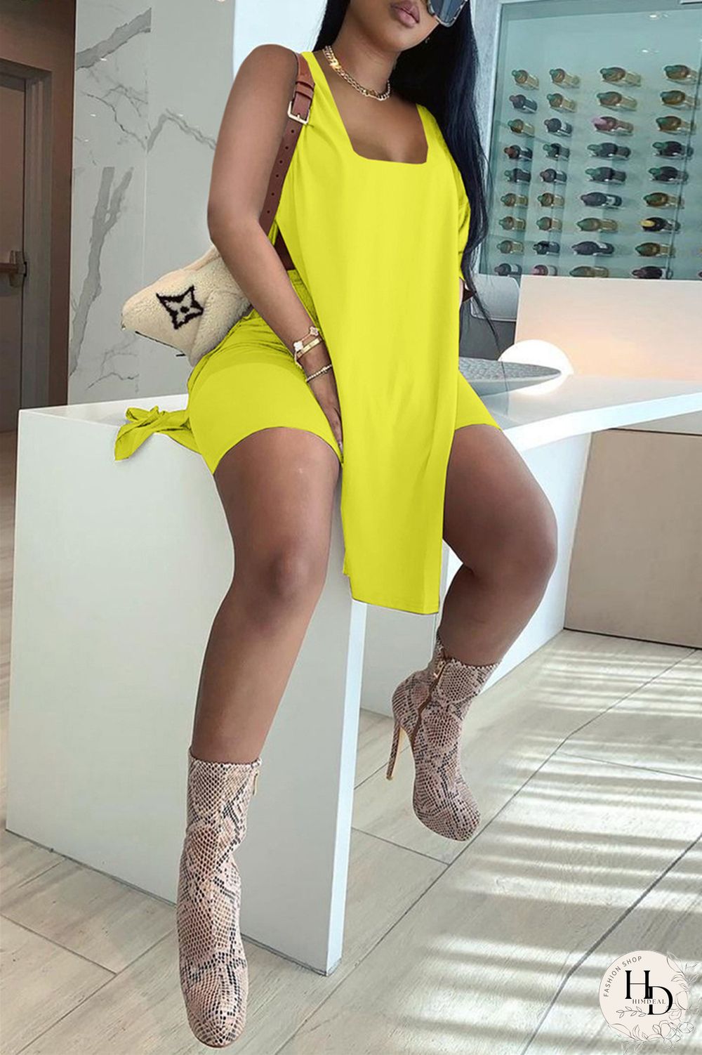 Rose Red Fashion Casual Solid Slit U Neck Sleeveless Two Pieces