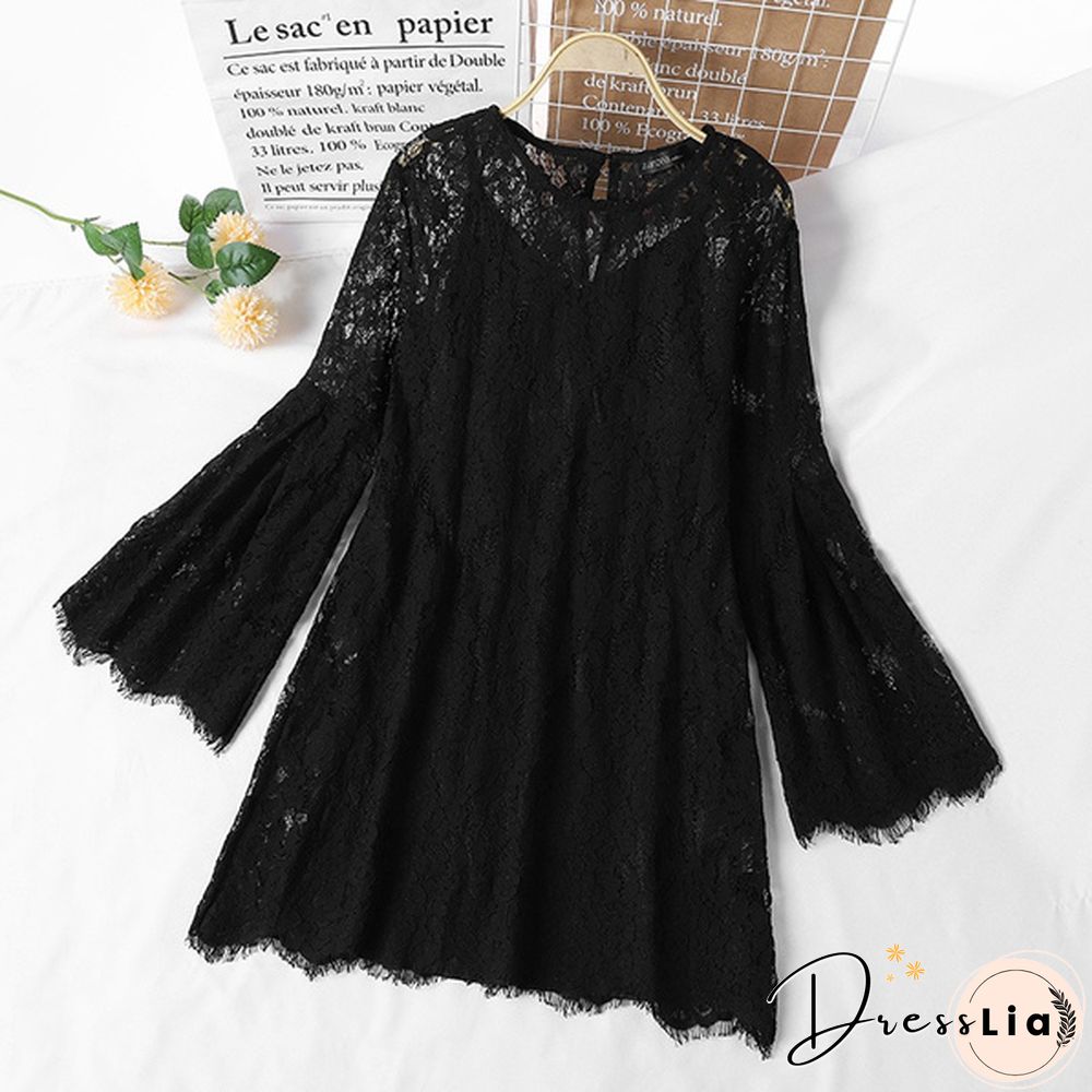 Womens Summer Long Sleeve Lace Crochet Flared Sleeve O-Neck Mini A-Line Dress