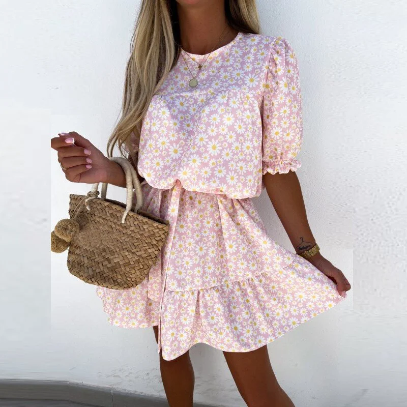 Women Sexy O Neck Ruffle A-Line Party Dress Spring Elastic Waist Office Lady Mini Dress Summer Short Sleeve Floral Print Dresses